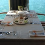 Seder table - note the Mediterranean Sea just outside the window. I was glad to be in a boat and not crossing the Sea by foot, as the Israelites did!